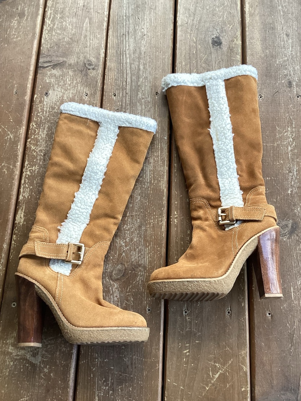 Michael Michael Kors Derby Tan Suede Knee High Heeled Boots Sherpa Lined 6.5-7